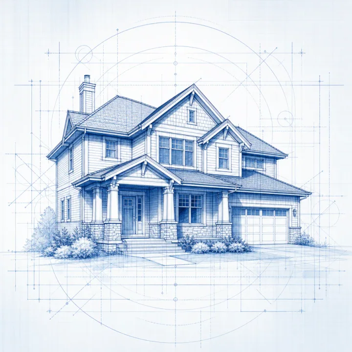 Architectural house blueprint representing reconstruction and repairs